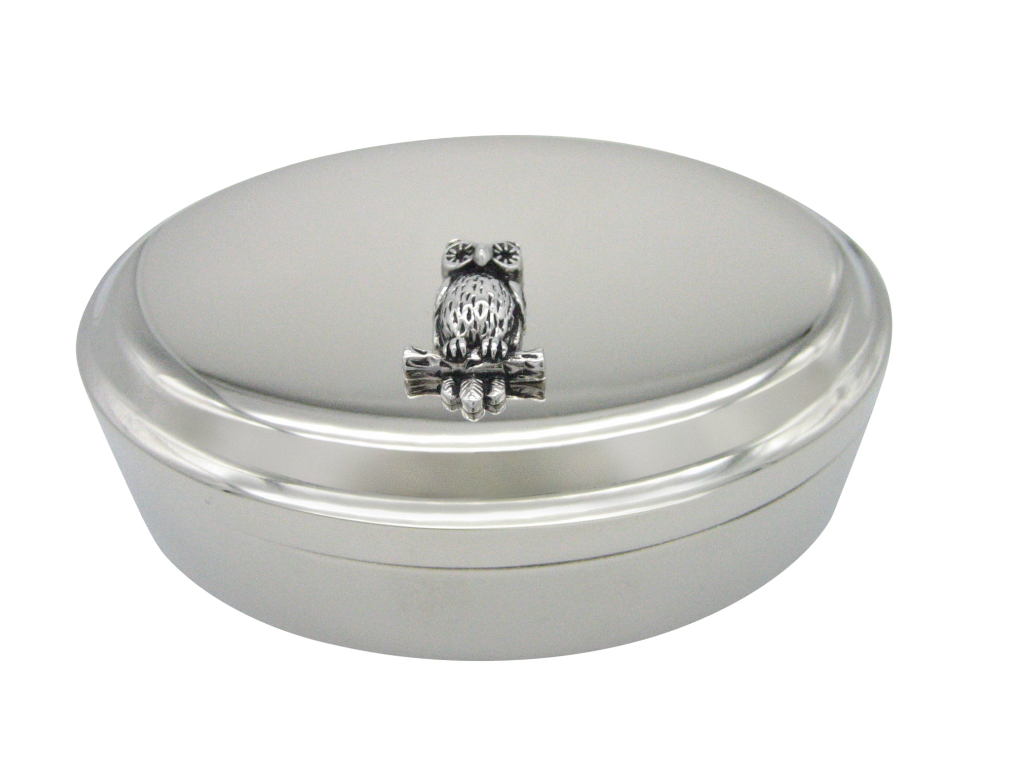 Silver Toned Owl Bird on Branch Pendant Oval Trinket Jewelry Box