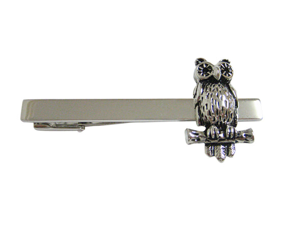 Silver Toned Owl Bird on Branch Square Tie Clip