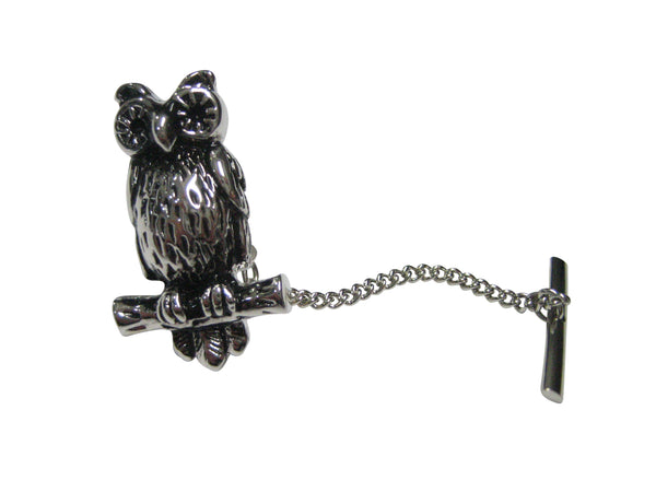 Silver Toned Owl Bird on Branch Tie Tack