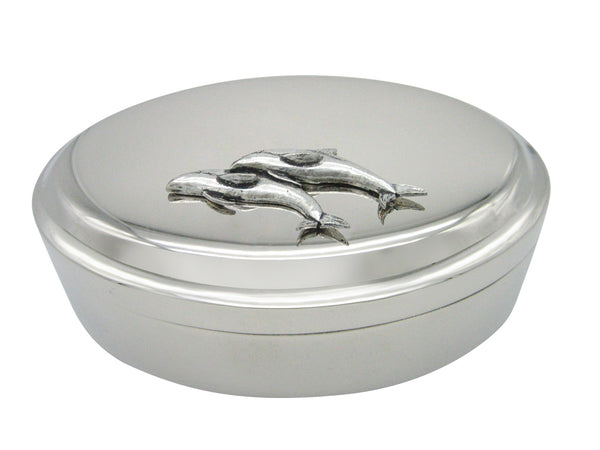 Silver Toned Pair of Dolphins Pendant Oval Trinket Jewelry Box