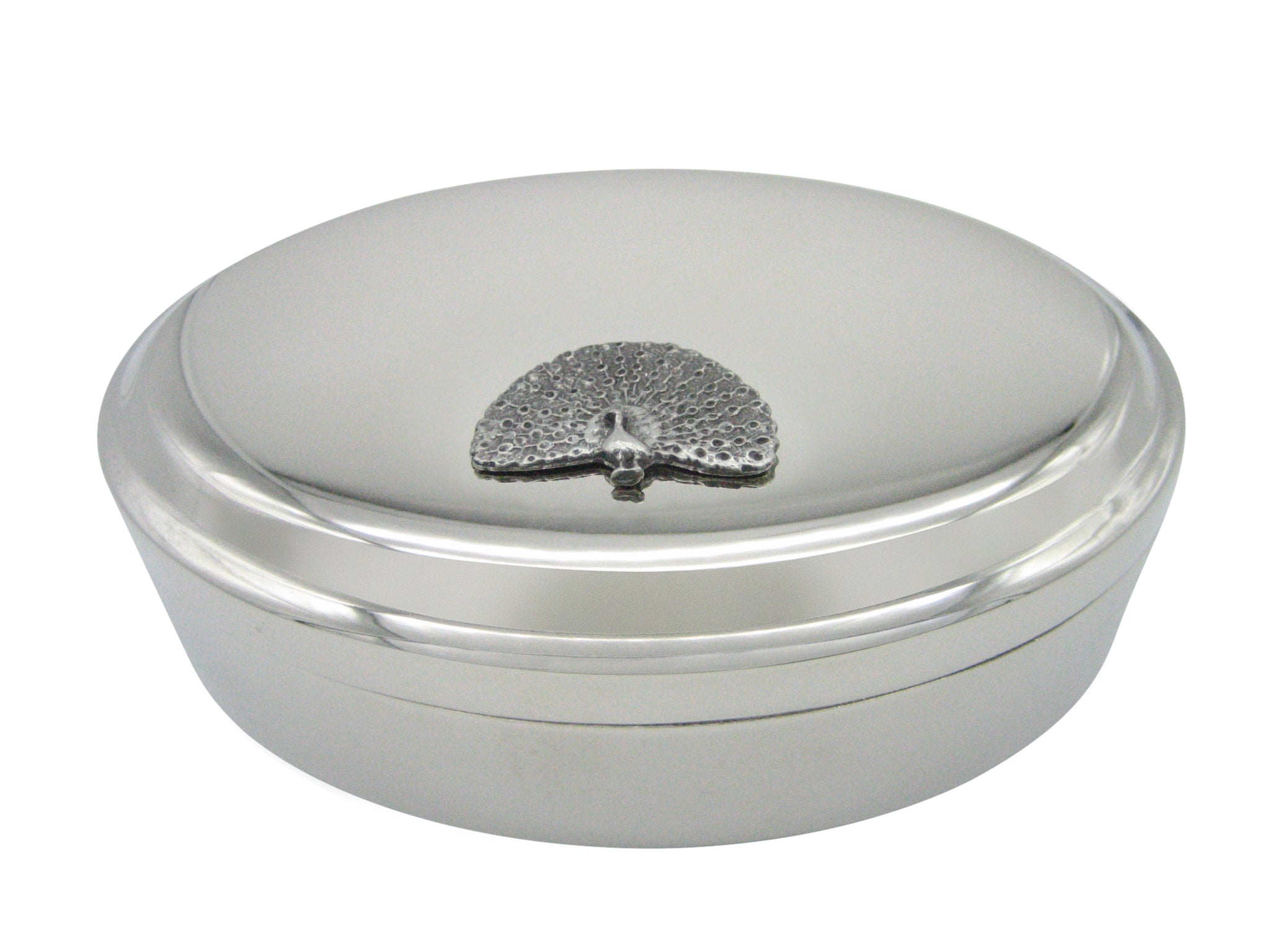 Silver Toned Peacock Bird Pendant Oval Trinket Jewelry Box