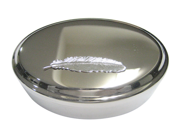 Silver Toned Quill Feather Design Oval Trinket Jewelry Box