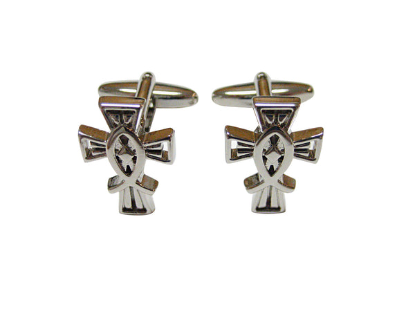 Silver Toned Religious Ichthys Fish and Cross Cufflinks