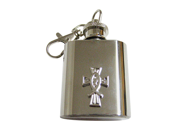 Silver Toned Religious Ichthys Fish and Cross 1 Oz. Stainless Steel Key Chain Flasks