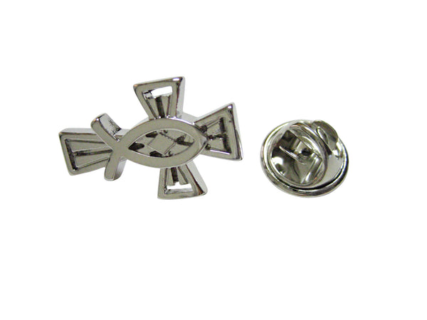 Silver Toned Religious Ichthys Fish and Cross Lapel Pin
