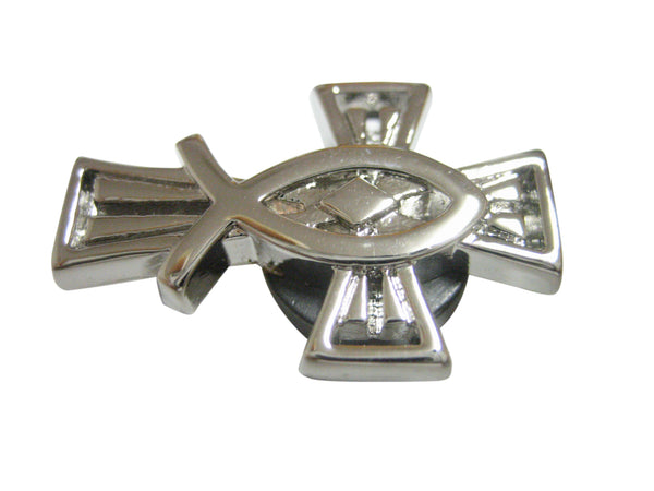Silver Toned Religious Ichthys Fish and Cross Magnet