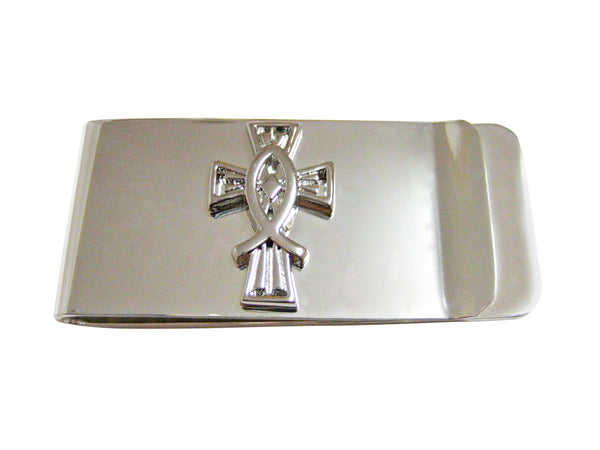 Silver Toned Religious Ichthys Fish and Cross Money Clip