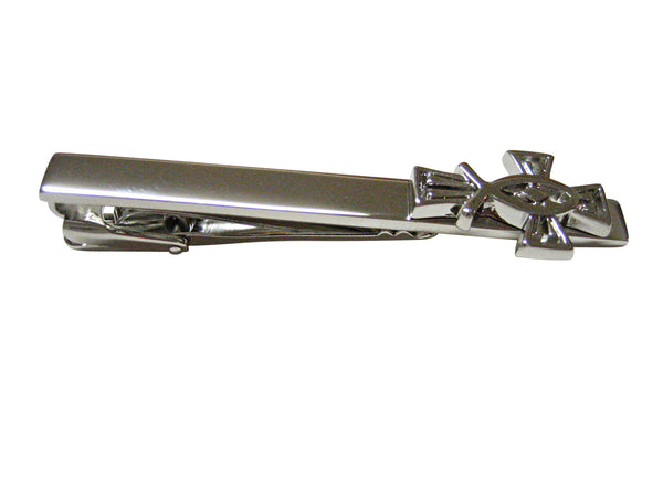 Silver Toned Religious Ichthys Fish and Cross Square Tie Clip