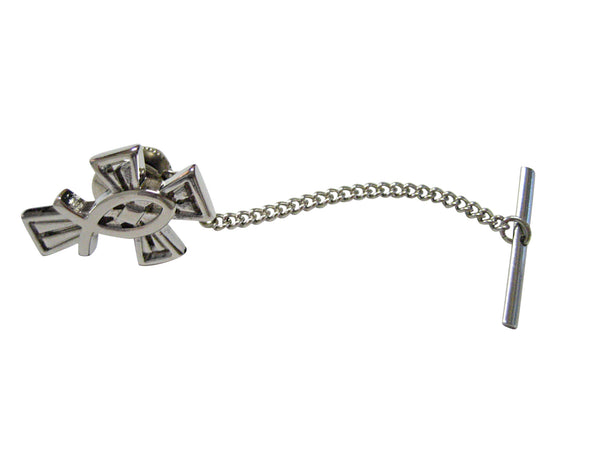 Silver Toned Religious Ichthys Fish and Cross Tie Tack