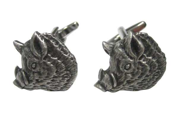 Silver Toned Round Boar Pig Hog Head Cufflinks