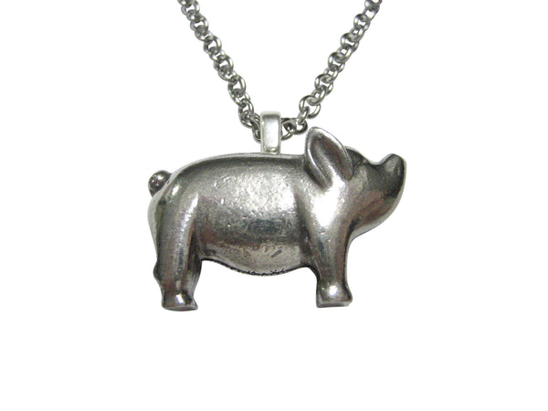 Silver Toned Round Fat Pig Pendant Necklace