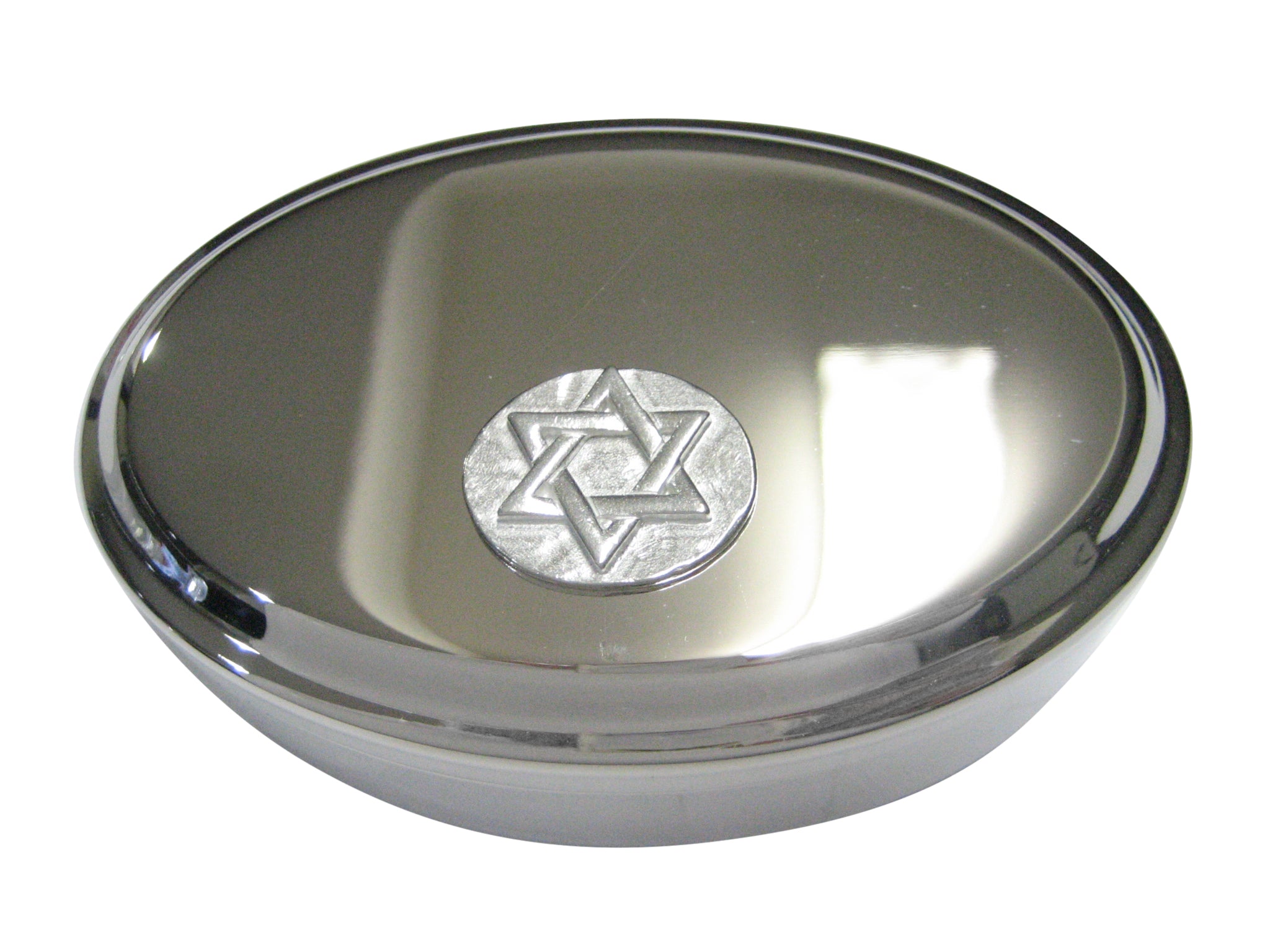 Silver Toned Round Jewish Religious Star of David Oval Trinket Jewelry Box