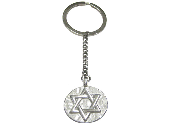 Silver Toned Round Jewish Religious Star of David Pendant Keychain