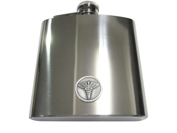 Silver Toned Round Medical Caduceus Symbol 6oz Flask