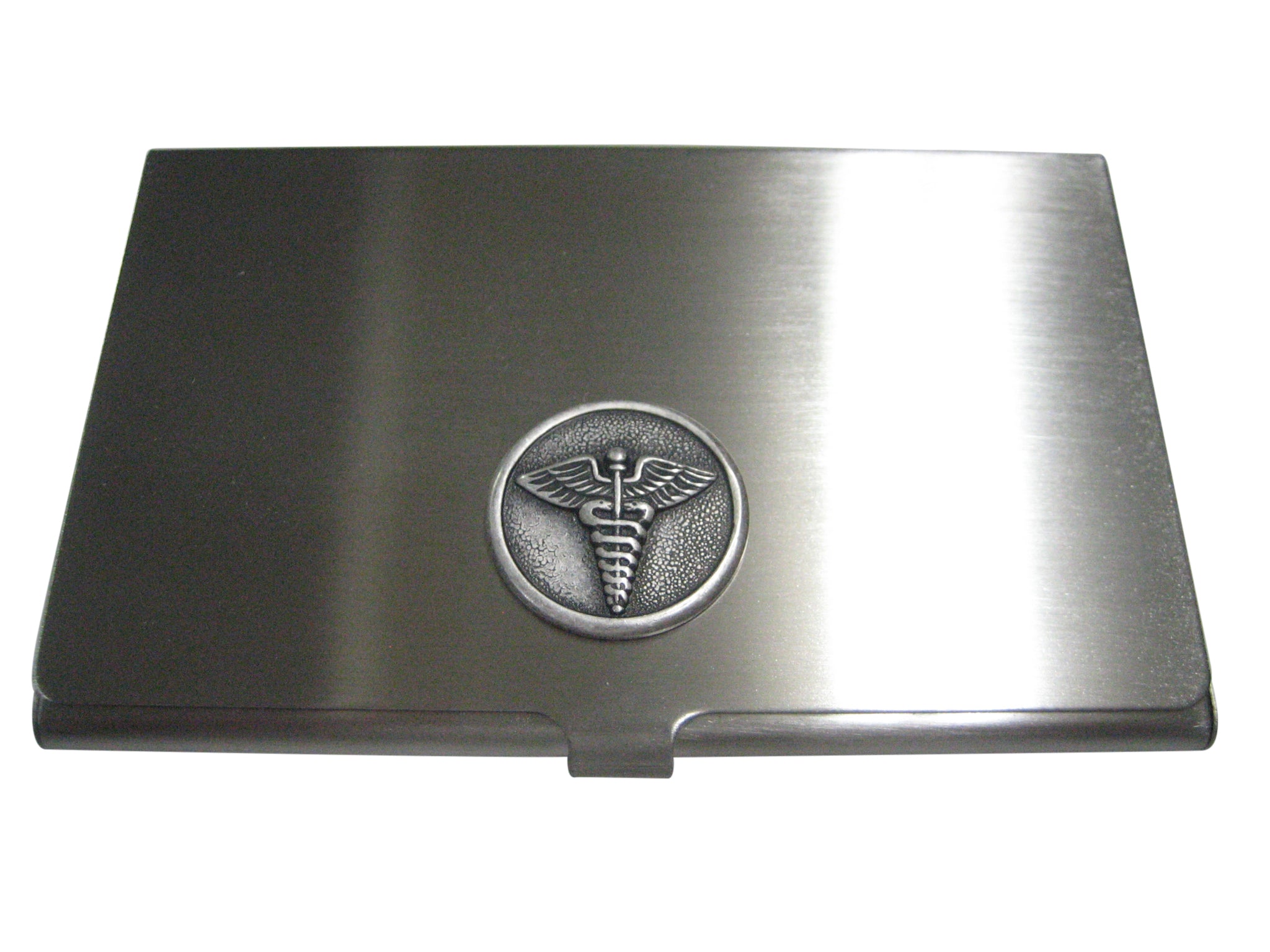 Silver Toned Round Medical Caduceus Symbol Business Card Holder