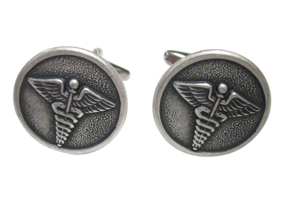 Silver Toned Round Medical Caduceus Symbol Cufflinks
