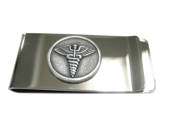 Silver Toned Round Medical Caduceus Symbol Money Clip