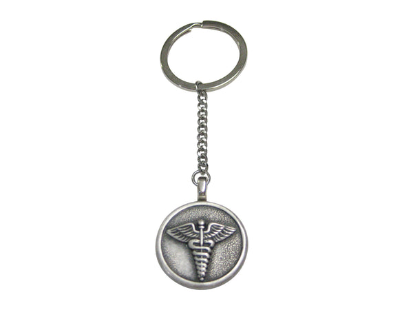 Silver Toned Round Medical Caduceus Symbol Pendant Keychain