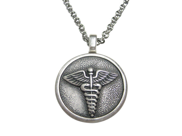 Silver Toned Round Medical Caduceus Symbol Pendant Necklace