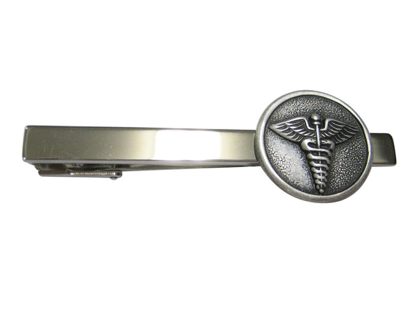 Silver Toned Round Medical Caduceus Symbol Tie Clip
