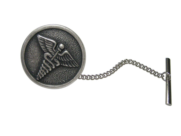 Silver Toned Round Medical Caduceus Symbol Tie Tack