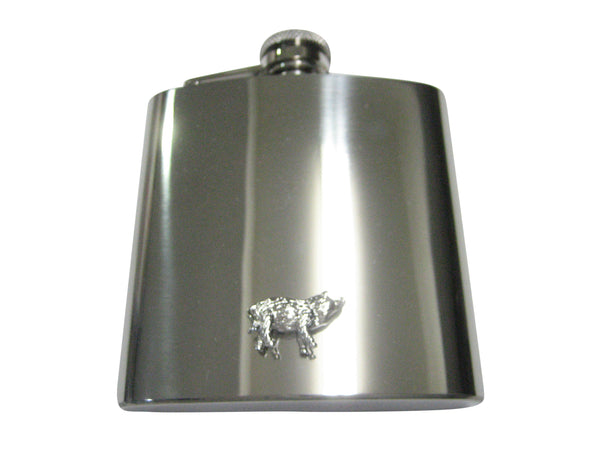 Silver Toned Round Textured Boar Hog Pig 6oz Flask