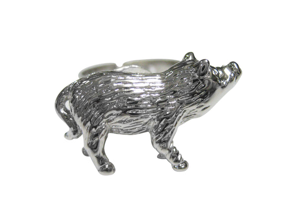 Silver Toned Round Textured Boar Hog Pig Adjustable Size Fashion Ring