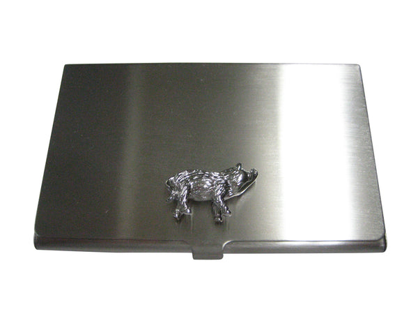 Silver Toned Round Textured Boar Hog Pig Business Card Holder