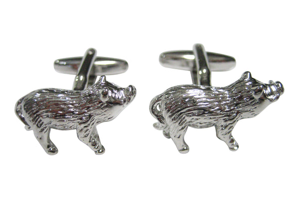 Silver Toned Round Textured Boar Hog Pig Cufflinks