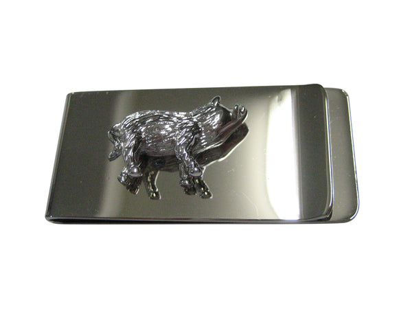 Silver Toned Round Textured Boar Hog Pig Money Clip
