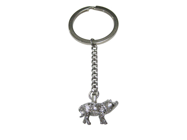 Silver Toned Round Textured Boar Hog Pig Pendant Keychain
