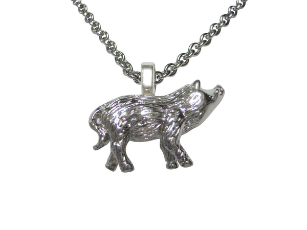 Silver Toned Round Textured Boar Hog Pig Pendant Necklace