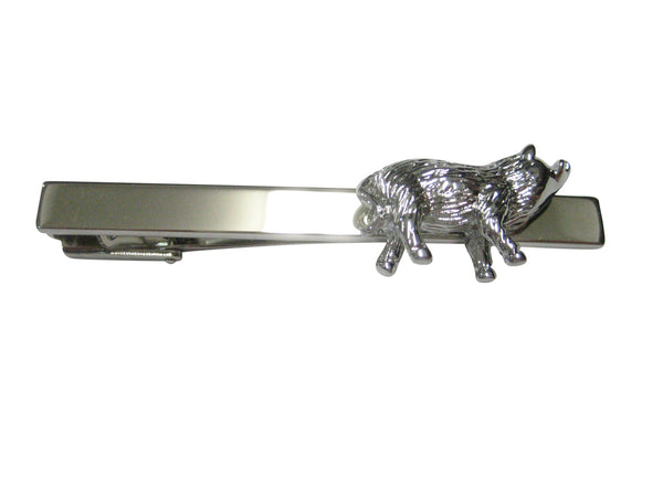 Silver Toned Round Textured Boar Hog Pig Square Tie Clip