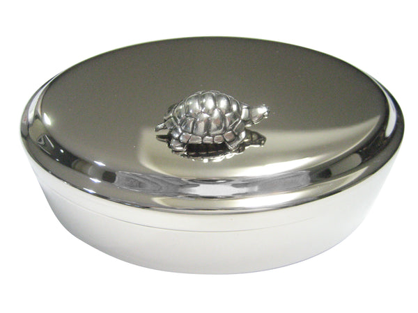 Silver Toned Round Turtle Tortoise Oval Trinket Jewelry Box