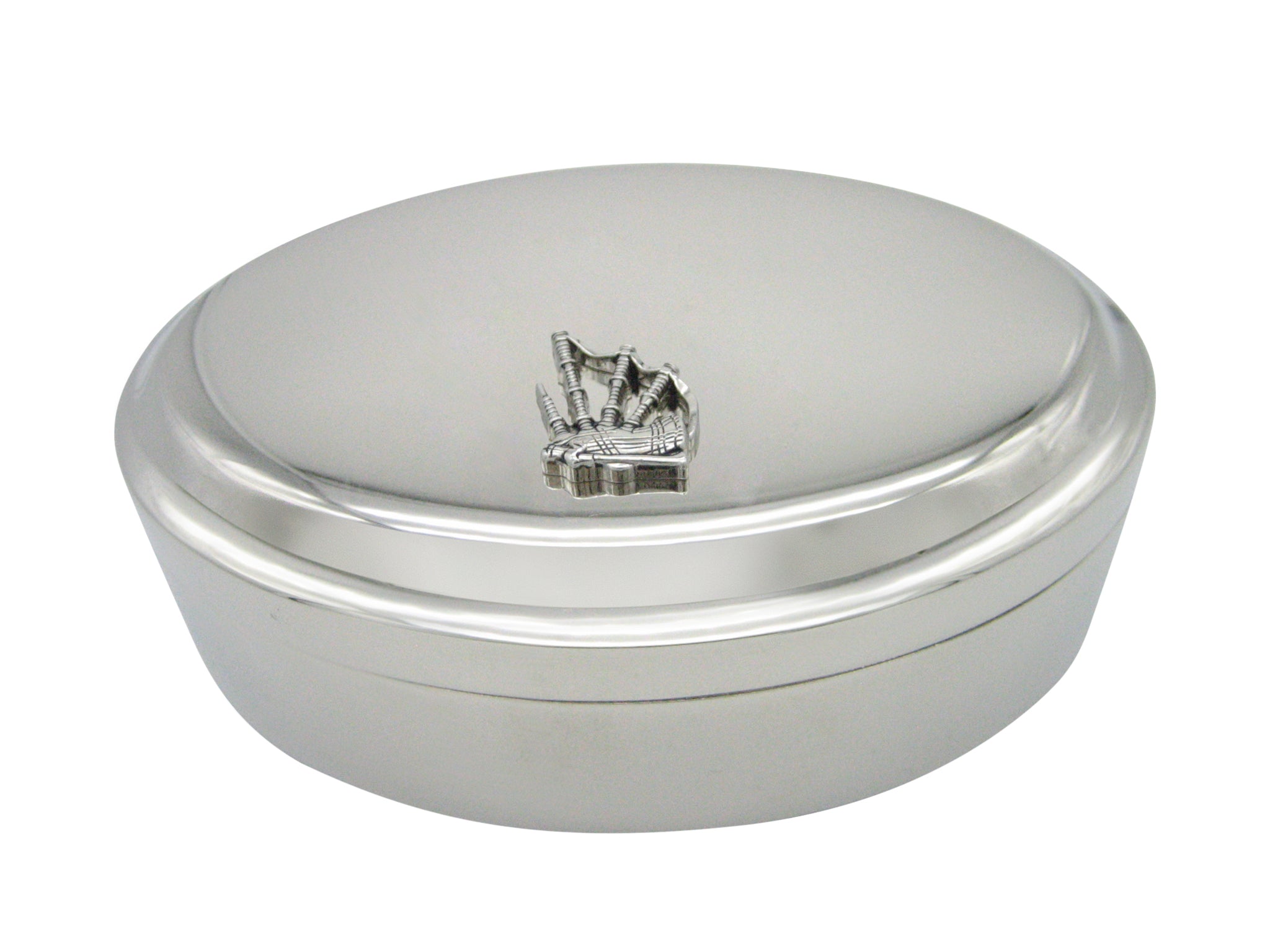 Silver Toned Scottish Bagpipes Music Instrument Oval Trinket Jewelry Box