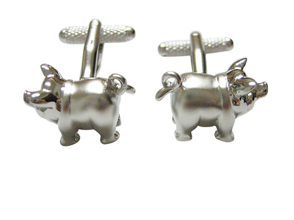 Silver Toned Shiny Detailed Pig Cufflinks
