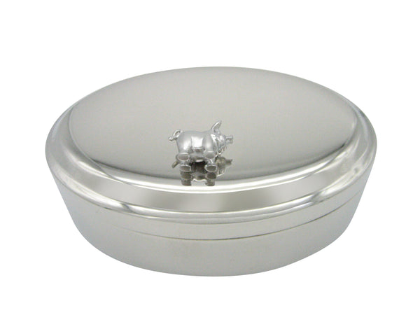 Silver Toned Shiny Detailed Pig Pendant Oval Trinket Jewelry Box