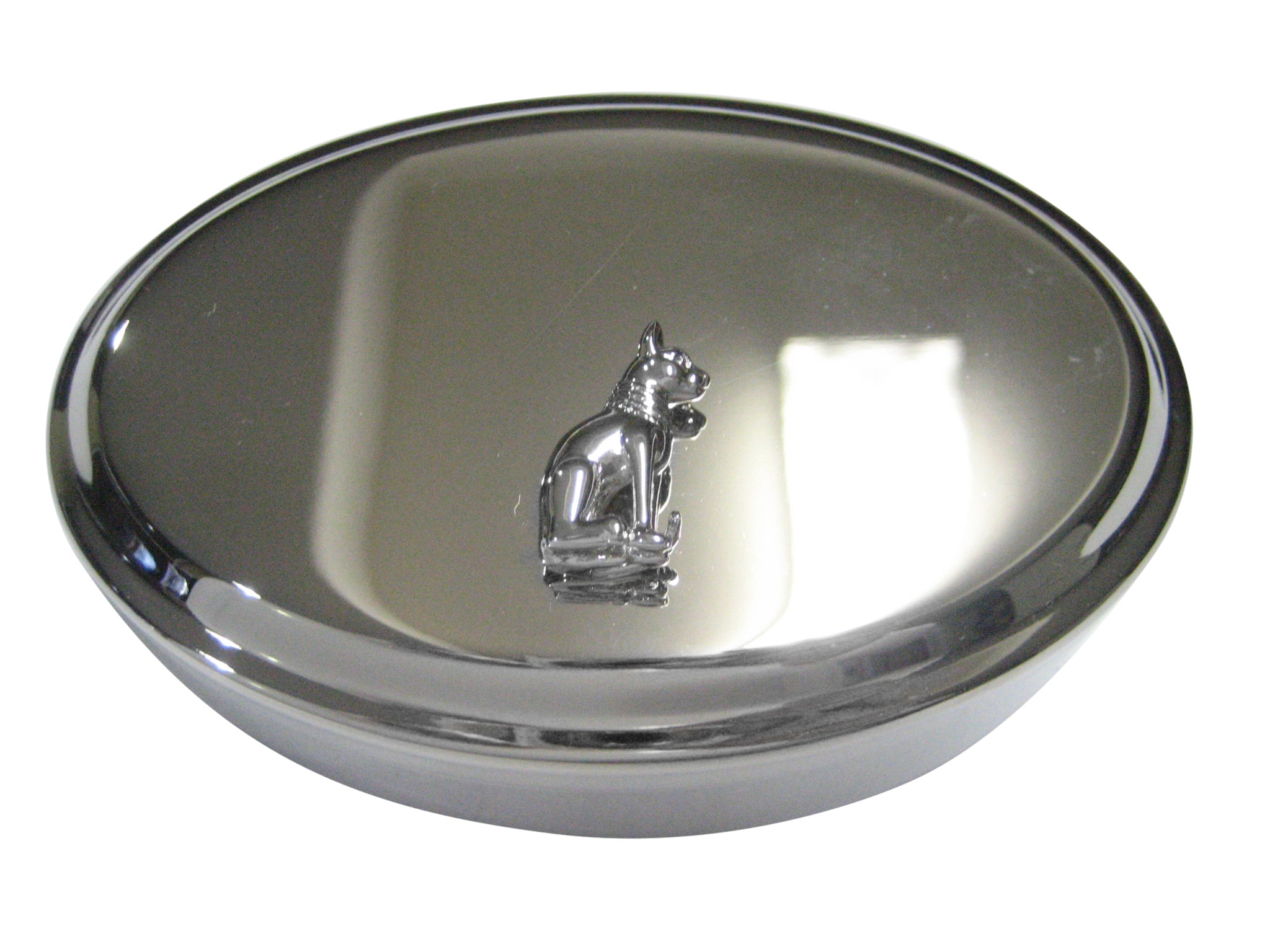 Silver Toned Shiny Egyption Cat Oval Trinket Jewelry Box