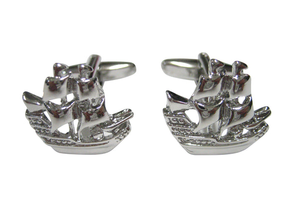 Silver Toned Shiny Galleon Old Ship Cufflinks