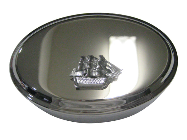 Silver Toned Shiny Galleon Old Ship Oval Trinket Jewelry Box