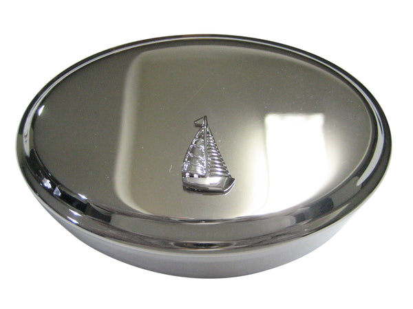 Silver Toned Shiny Nautical Sail Boat Oval Trinket Jewelry Box