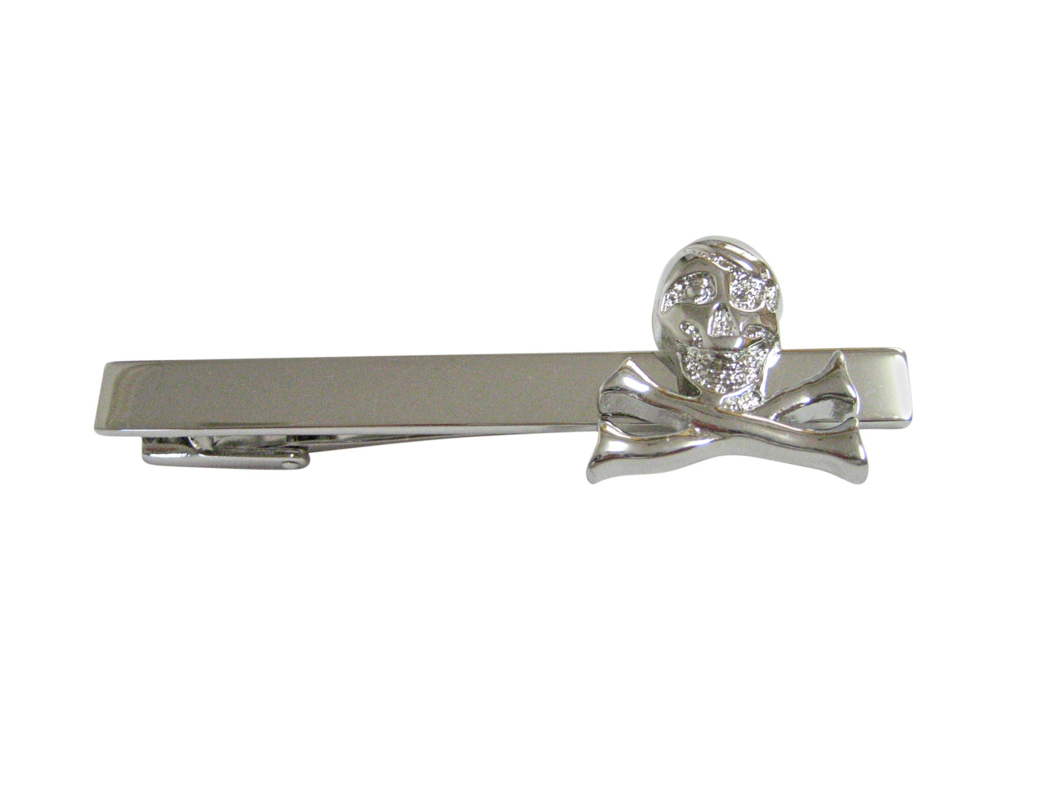 Silver Toned Shiny Skull Cross Bones Square Tie Clip
