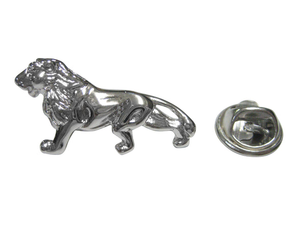 Silver Toned Shiny Textured Lion Lapel Pin