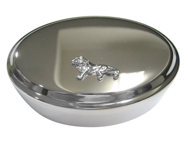 Silver Toned Shiny Textured Lion Oval Trinket Jewelry Box