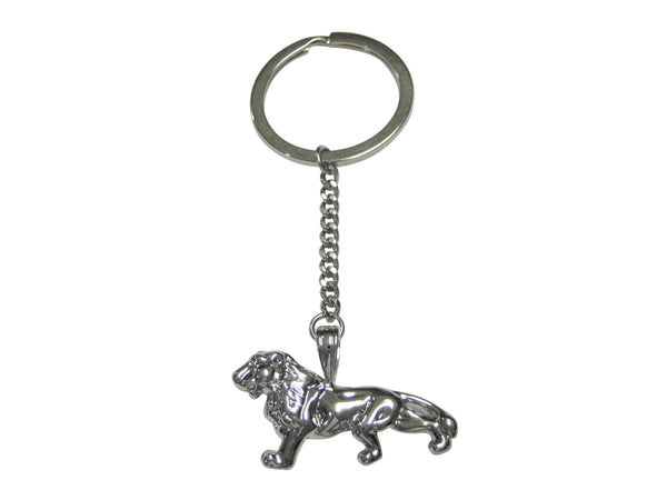 Silver Toned Shiny Textured Lion Pendant Keychain