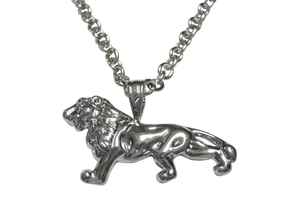Silver Toned Shiny Textured Lion Pendant Necklace