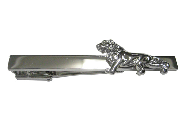 Silver Toned Shiny Textured Lion Tie Clip