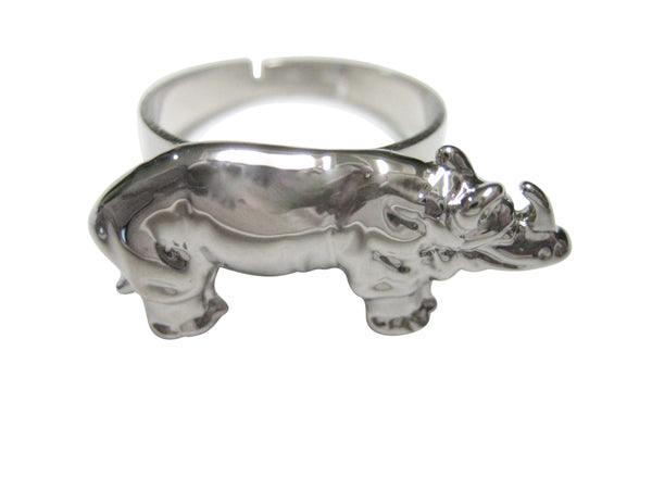 Silver Toned Shiny Textured Rhino Adjustable Size Fashion Ring