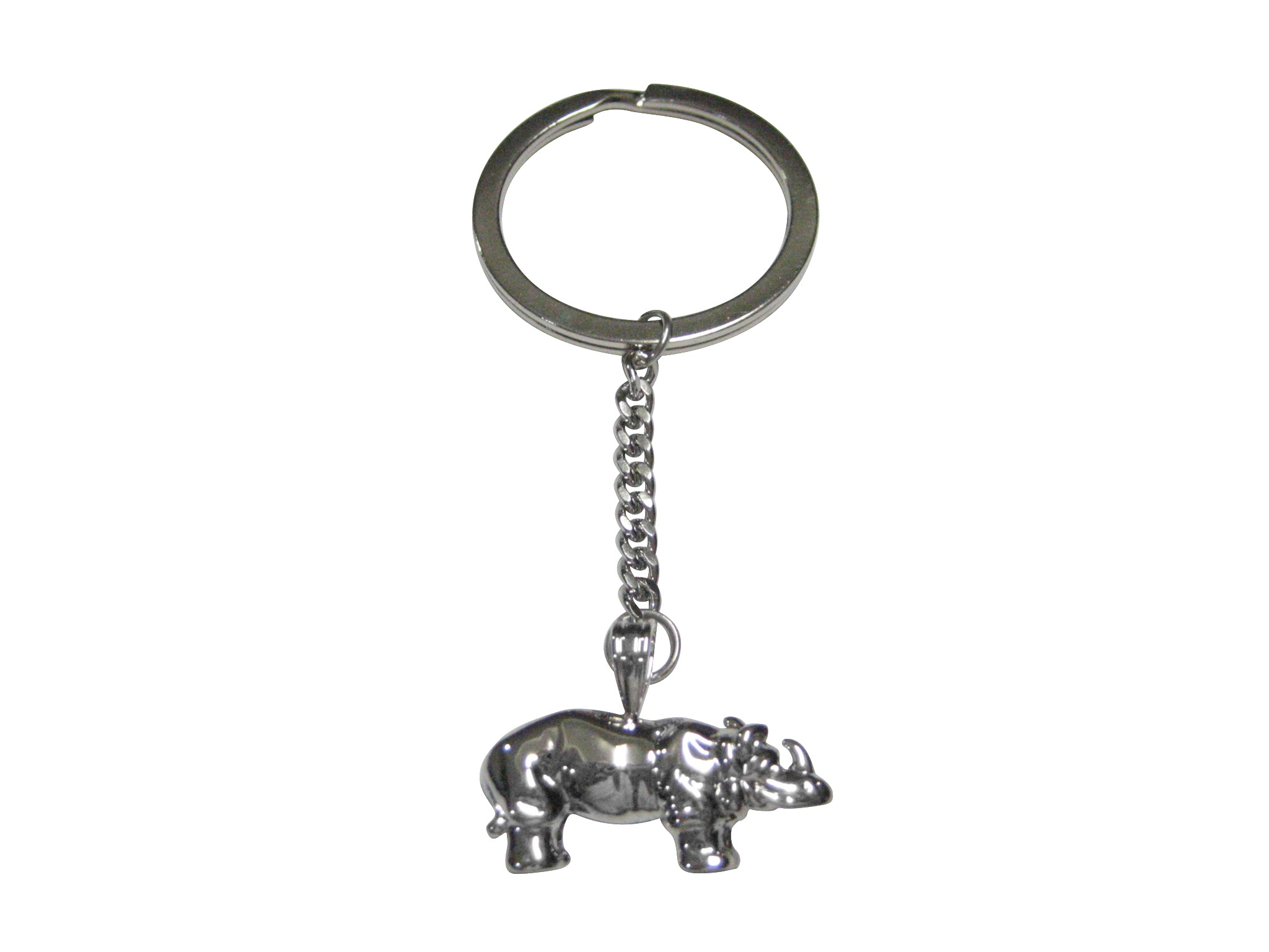 Silver Toned Shiny Textured Rhino Pendant Keychain