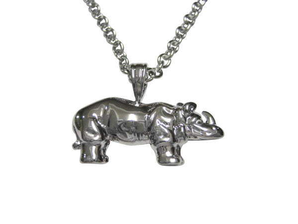 Silver Toned Shiny Textured Rhino Pendant Necklace